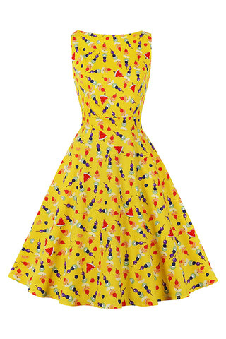This dress features a fruit pattern print covering the whole dress, classic round neckline and sleeveless design, high waisted bodice, pockets on both sides, swing skirt and midi length design, and a concealed back zipper closure.