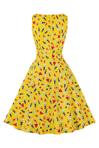 This dress features a fruit pattern print covering the whole dress, classic round neckline and sleeveless design, high waisted bodice, pockets on both sides, swing skirt and midi length design, and a concealed back zipper closure.
