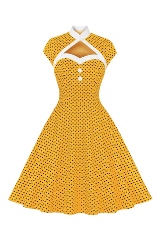 Atomic Yellow Polka Dot Hollow Out Vintage Dress