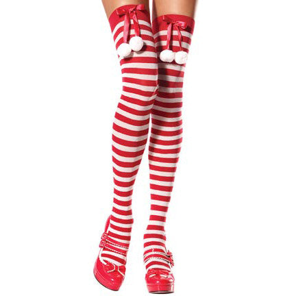 Candy Cane Thigh High Stockings with Pom-Pom