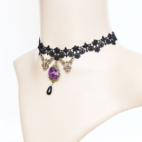 Black Lace And Purple Rose Choker Pendant