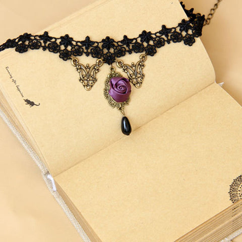 Black Lace And Purple Rose Choker Pendant