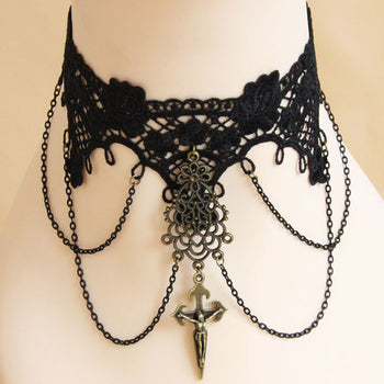 Black Lace And Cross Choker Necklace