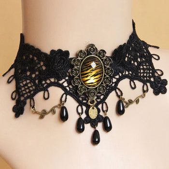 Black Lace And Tiger Gem Choker Necklace