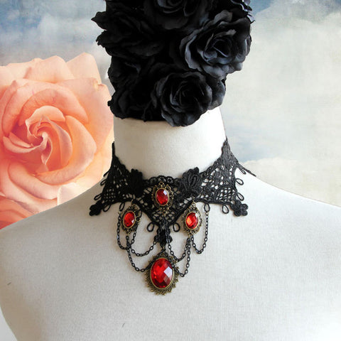 Black Lace And Red Crystal Gems Choker Necklace
