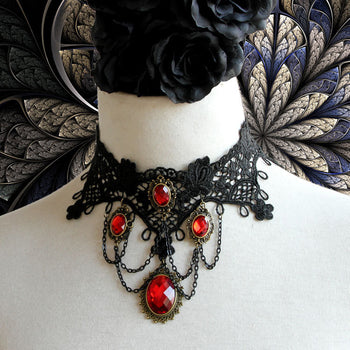 Black Lace And Red Crystal Gems Choker Necklace