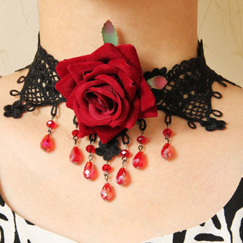 Black Lace And Red Rose Choker Necklace 