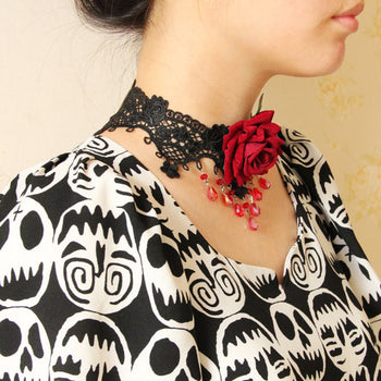 Black Lace And Red Rose Choker Necklace 
