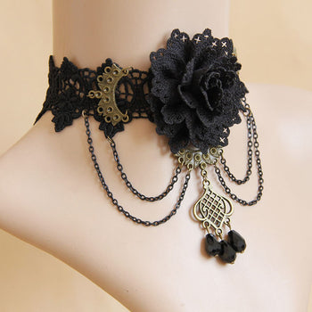 Black Lace And Rose Choker Necklace With Gems