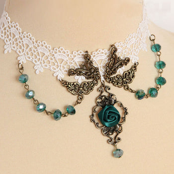 Atomic White Lace And Green Rose Choker Necklace