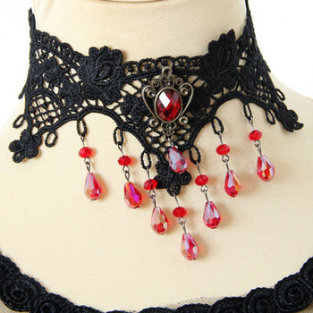 Black Lace And Red Crystal Gem Choker Necklace