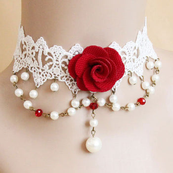 White Lace And Red Rose Choker Necklace
