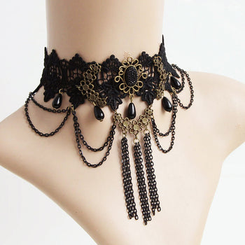 Black Lace And Tassels Choker Necklace