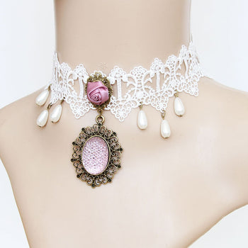 White Lace And Pink Rose Choker Necklace With Pendant