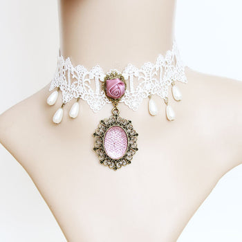 White Lace And Pink Rose Choker Necklace With Pendant