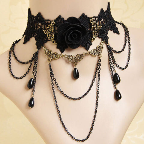 Black Lace And Rose Choker Necklace