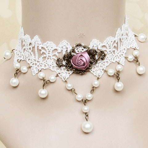 White Lace And Pink Rose Choker Necklace