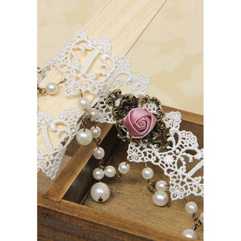 White Lace And Pink Rose Choker Necklace