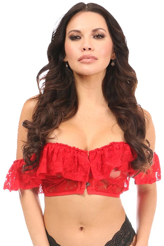 Lavish Premium Red Sheer Lace Off-The-Shoulder Short Bustier | Red Lace Bustier Corset Outfit | Red Lace Corset