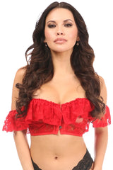Lavish Premium Red Sheer Lace Off-The-Shoulder Short Bustier | Red Lace Bustier Corset Outfit | Red Lace Corset