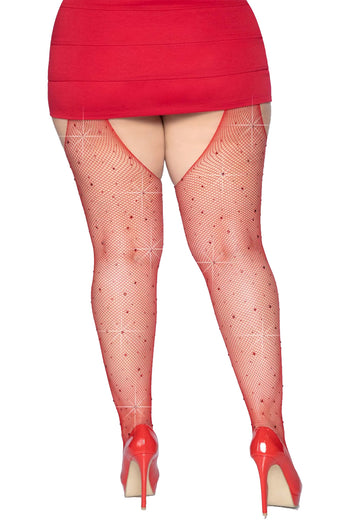 Leg Avenue Plus Size Red Casey Rhinestone Fishnet Pantyhose | Red Plus Size Stockings