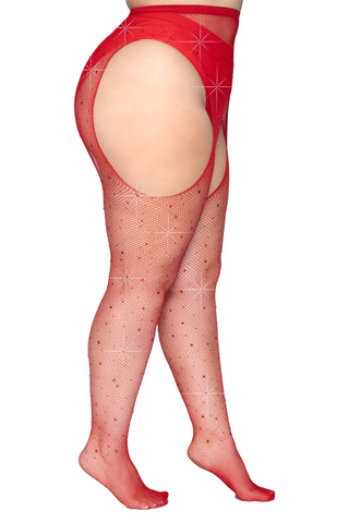 Leg Avenue Plus Size Red Casey Rhinestone Fishnet Pantyhose | Red Plus Size Stockings
