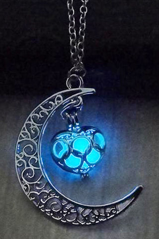 Blue Glow In The Dark Moon Heart Necklace
