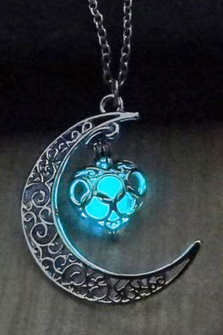 Blue Green Glow In The Dark Moon Heart Necklace