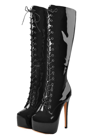 Only Maker Black Patent Leather Lace-Up Over The Knee Boots
