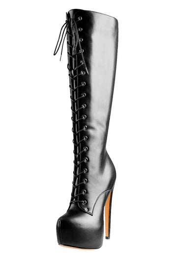 Only Maker Black Leather Lace-Up Over The Knee Boots