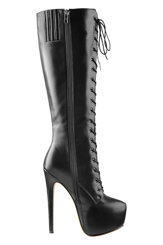 Only Maker Black Leather Lace-Up Over The Knee Boots