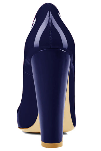 Only Maker Dark Blue Pointed Toe Chunky Block Heel Pumps | Dark Blue Pumps | Dark Blue High Heel Pumps