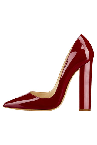 Only Maker Dark Red Pointed Toe Chunky Block Heel Pumps | Dark Red High Heel Pumps  | Dark Red High Heel Shoes