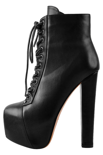 Matte Black Lace-Up Front Platform Boots | Platform High Heel Boots Shoes