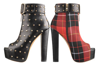 Only Maker Rivet Leather and Plaid Chunky High Heel Boots