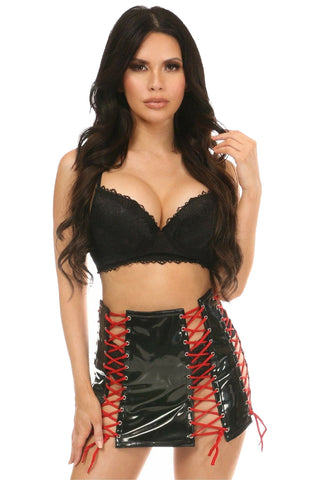 Premium Black Patent Lace-Up Skirt w/ Red Lacing