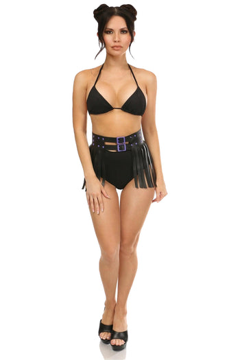 Premium Black and Purple Faux Leather Fringe Skirt
