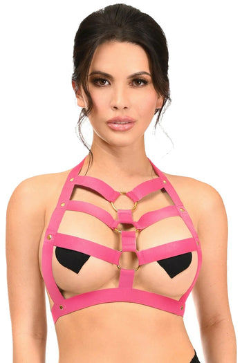 Premium Hot Pink Stretchy Body Harness w/ Gold Hardware