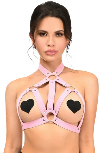 Premium Light Pink Open Cup Stretchy Body Harness w/ Silver Hardware