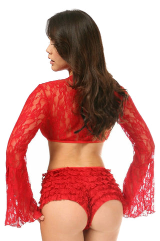Premium Red Sheer Lace Bell Sleeve Peasant Top