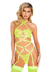 Roma Neon Green Lacey Criss-Cross Underwired Teddy with Garters