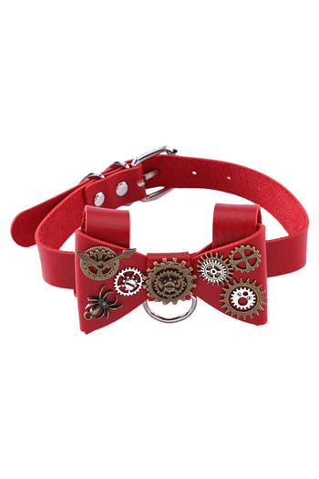 Atomic Red Steampunk Geared Bowtie Choker Necklace