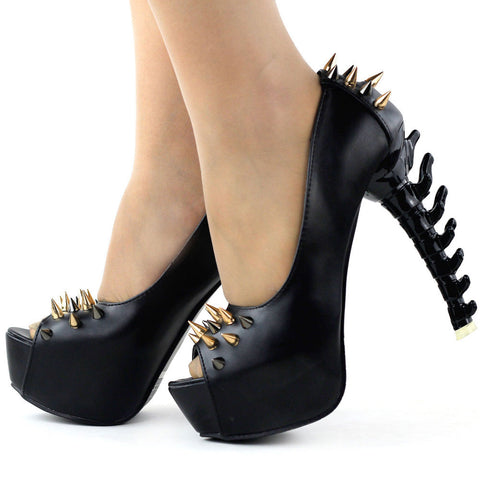 Show Story Spiked Peep-Toe Pumps | Bone Heels | Gothic Shoes