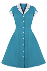 Atomic 1950s Blue Buttoned Vintage Midi Dress
