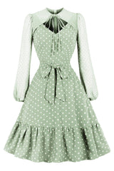 Atomic Light Green Vintage Sashed Swiss Dotted Dress