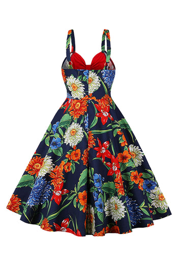 Atomic Navy Blue and Red Floral Summer Vintage Dress