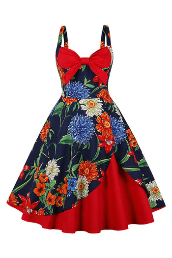 Atomic Navy Blue and Red Floral Summer Vintage Dress
